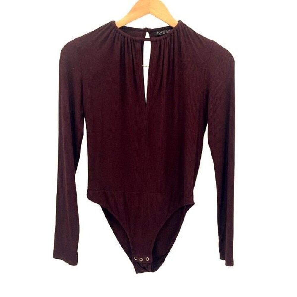 Topshop Womens Ribbedโ Keyhole CutoutโLong Sleeve Bodysuit Burgundy Size 8